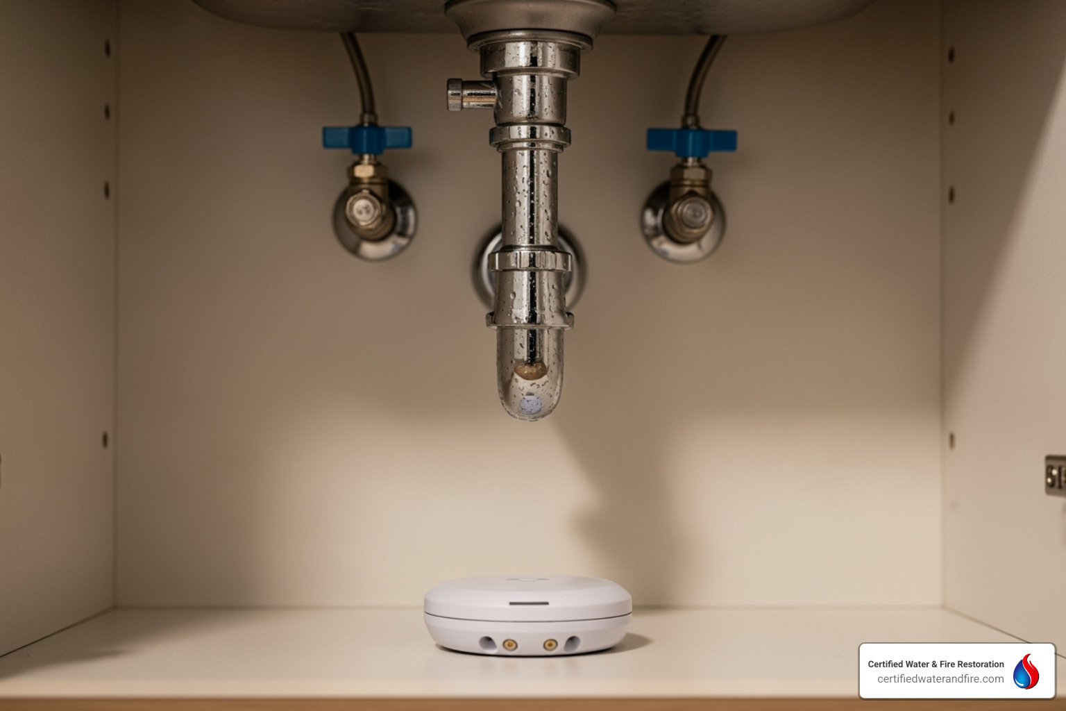 Smart water leak sensor placed under a sink - repairing water damaged hardwood floors