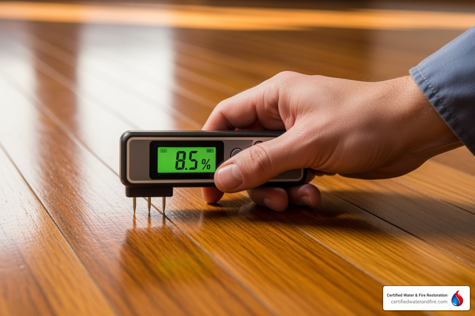 Hand using a moisture meter on a hardwood floor - repairing water damaged hardwood floors