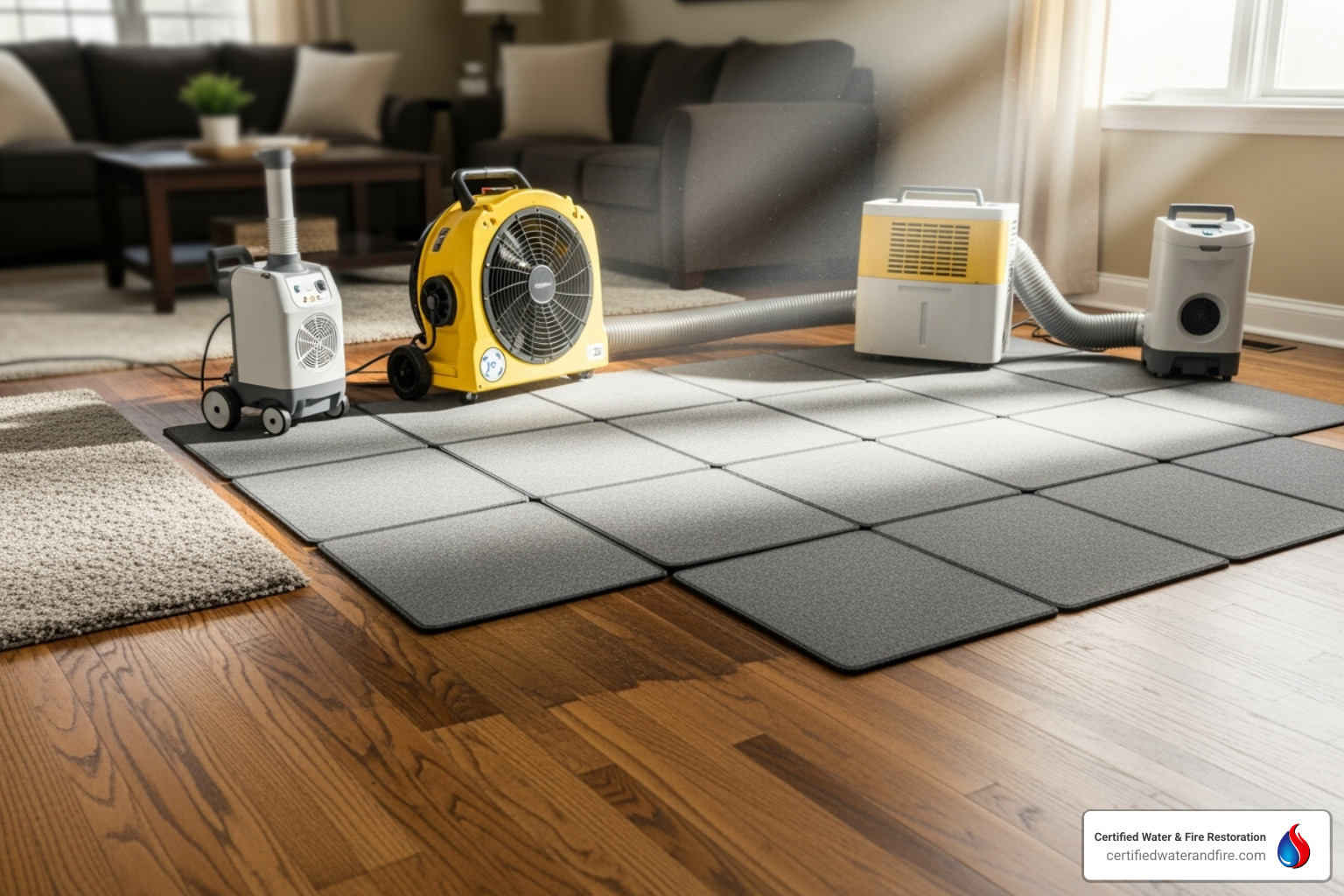 Professional drying mats on a hardwood floor - repairing water damaged hardwood floors
