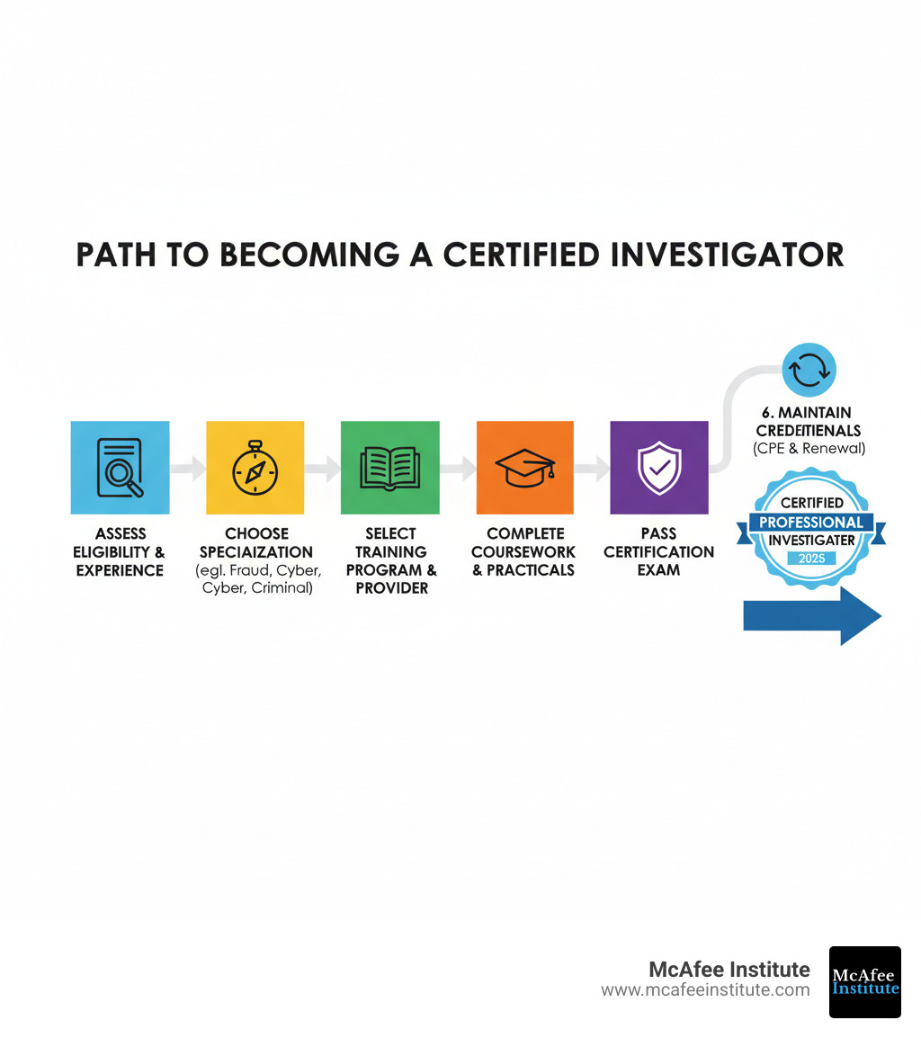 Infographic showing the path from aspiring investigator to certified professional, including key steps: assess eligibility, choose specialization, select training program, complete coursework, pass certification exam, maintain credentials through CPE - professional certified investigator training infographic 