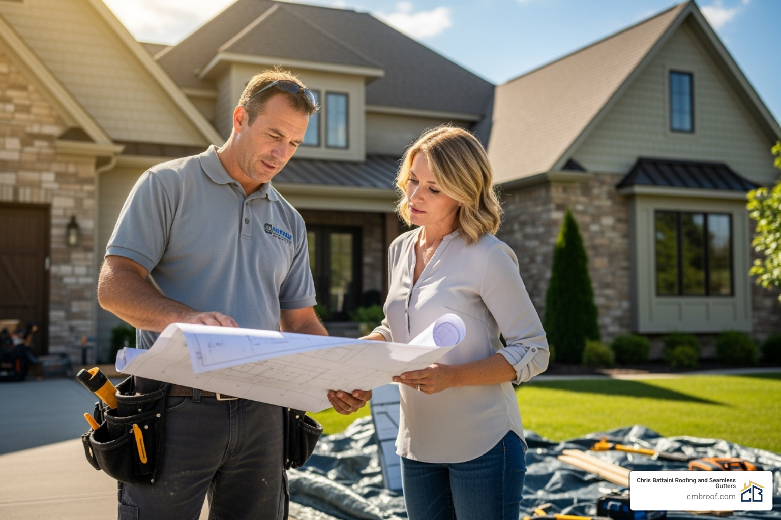 roofing contractor discussing plans with a homeowner on-site - metal roof installers roofing contractor discussing plans with a homeowner on-site - metal roof installers