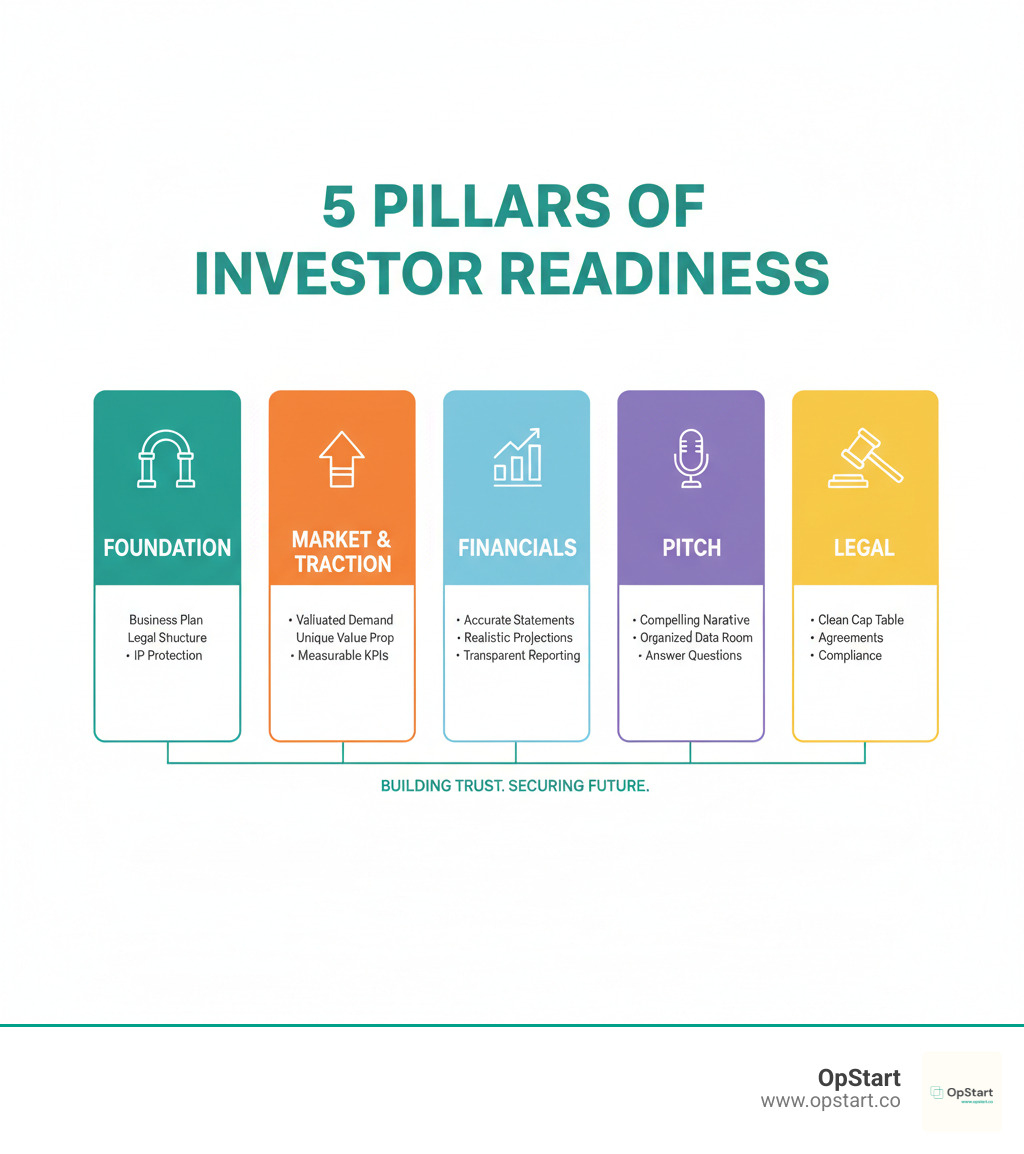 infographic showing 5 pillars of investor readiness foundation market traction financials pitch legal - Investor readiness checklist infographic 