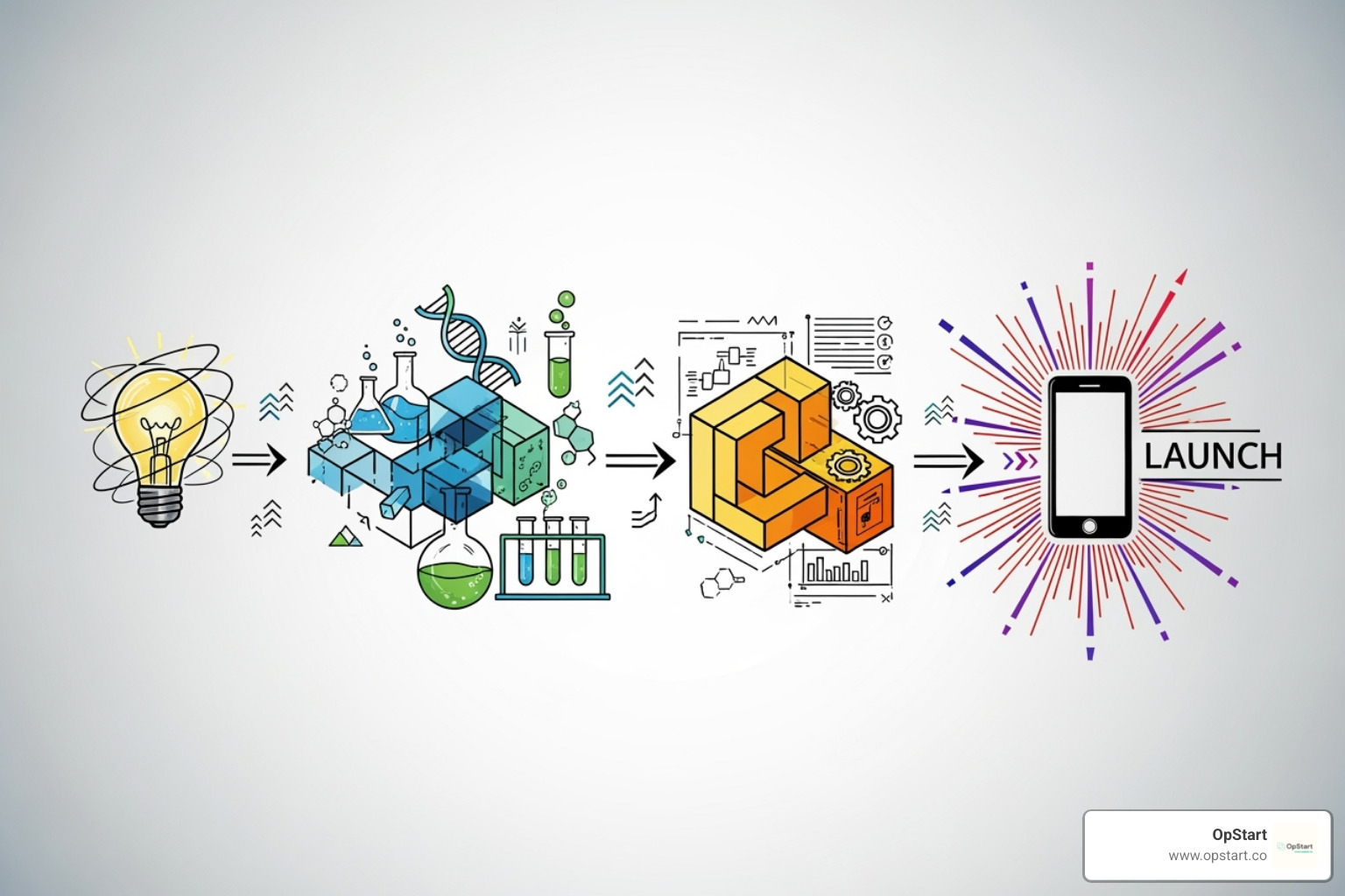 Flowchart showing the stages of an R&D project: Ideation, Basic Research, Applied Research, Experimental Development, Prototyping, Testing & Validation, Intellectual Property Registration, Commercialization - Comprehensive R&D services