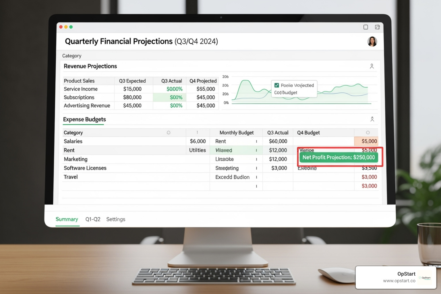 spreadsheet showing revenue projections and expense budgets - startup financial planning