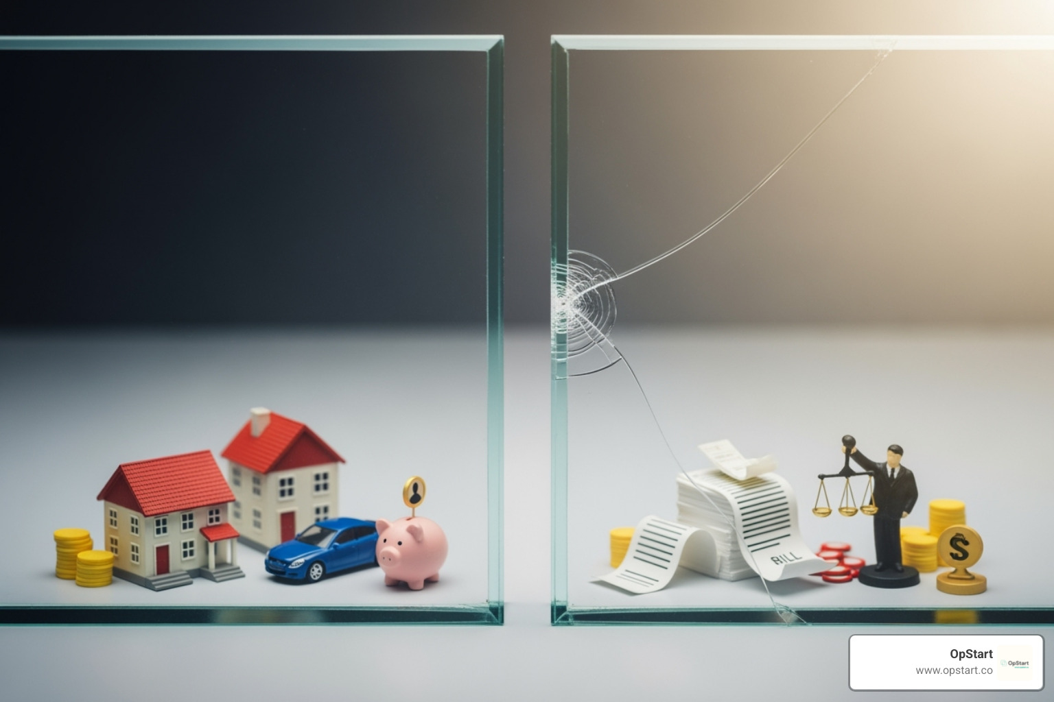 Image of a strong, transparent wall labeled "Corporate Veil" separating personal assets (house, car, savings) from business liabilities (debt, lawsuits, contracts), with a small crack indicating potential for "piercing the veil" - corporation