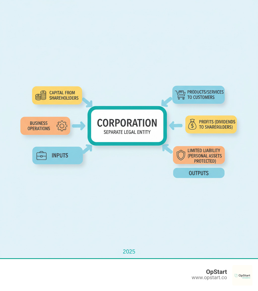 Infographic showing the corporation as a separate legal entity: Inputs include capital from shareholders and business operations; the corporation as a distinct legal person in the center; outputs include products/services sold to customers, profits distributed as dividends to shareholders, and protection of personal assets through limited liability - corporation infographic 