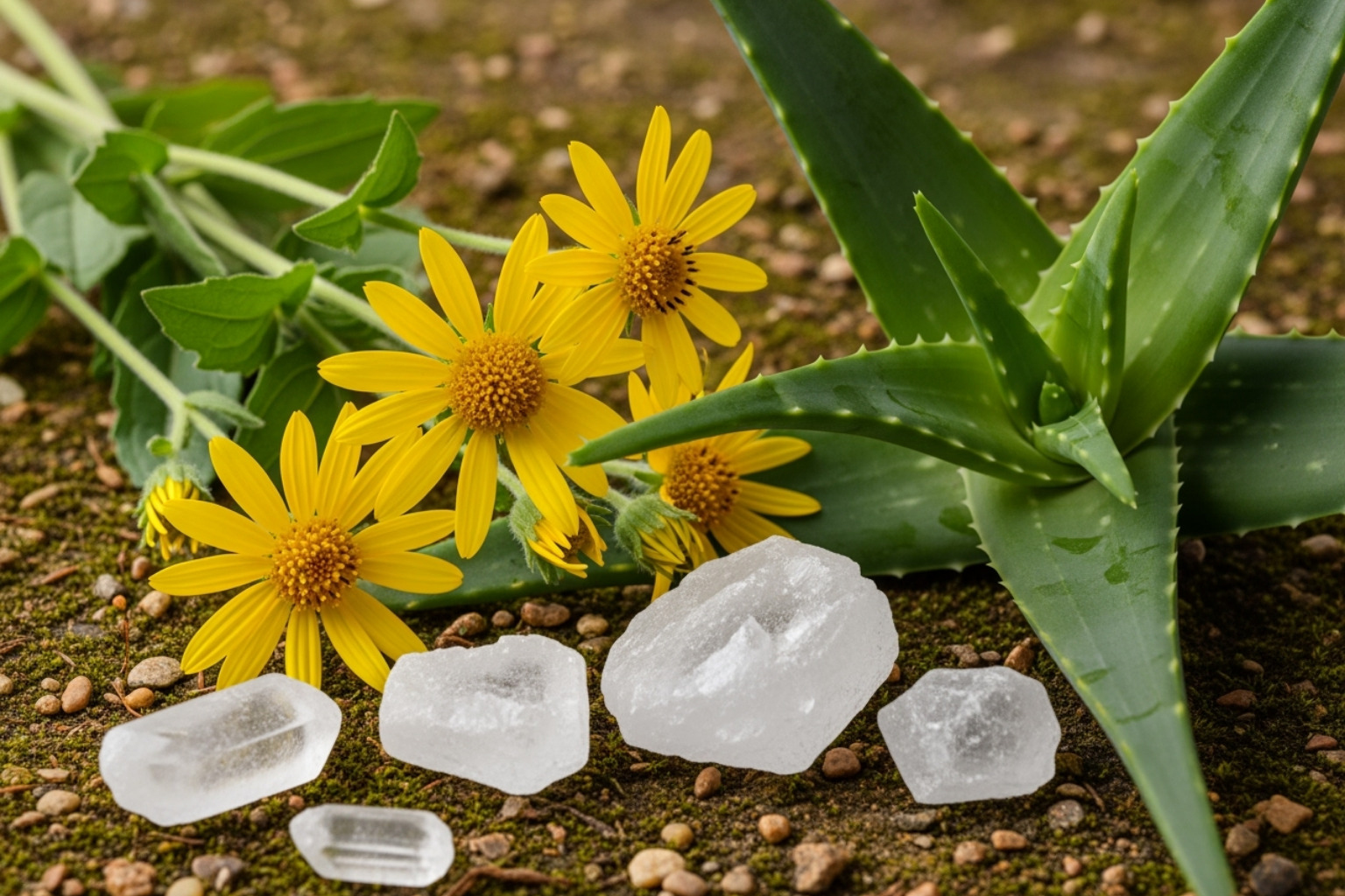 Arnica flowers, menthol crystals, and an aloe vera plant - all natural cream Arnica flowers, menthol crystals, and an aloe vera plant - all natural cream