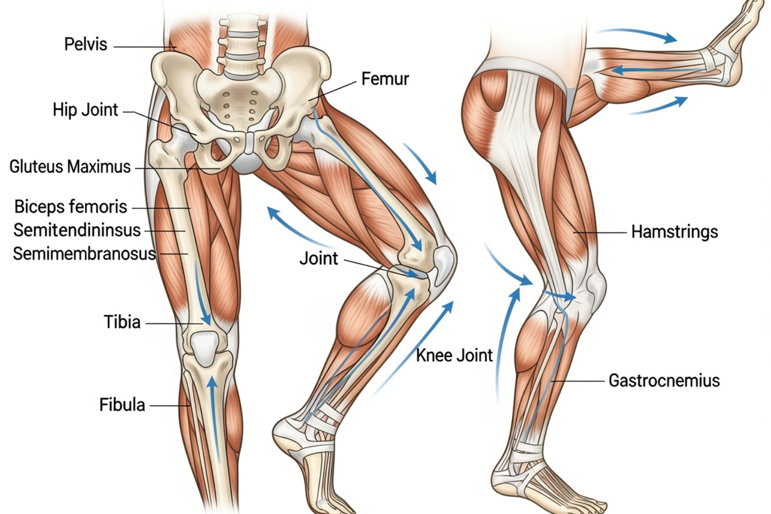 Illustration of hip extension and knee flexion movements - anatomy of hamstrings