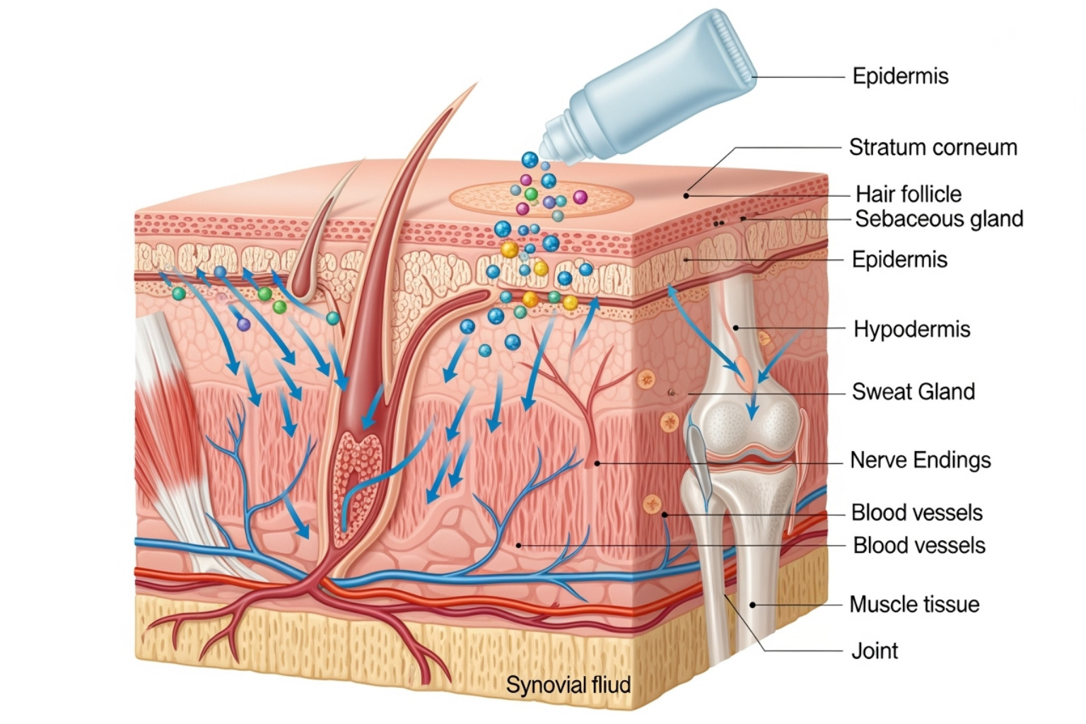 illustrating how a topical cream is absorbed through the skin layers to the muscle or joint - topical for inflammation