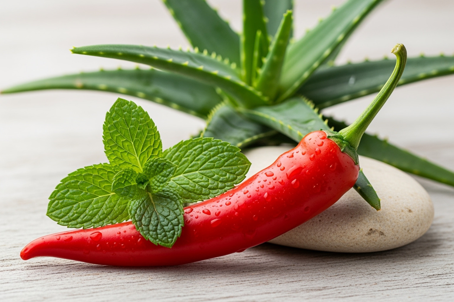 Key natural ingredients for pain relief, including a chili pepper (capsaicin), mint leaves (menthol), and aloe vera plant - Nerve pain ointment