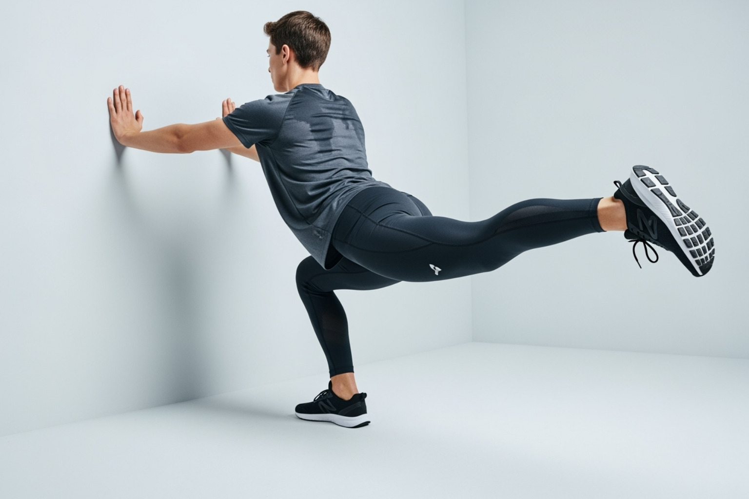 person performing a calf stretch against a wall - foot remedies for sore feet
