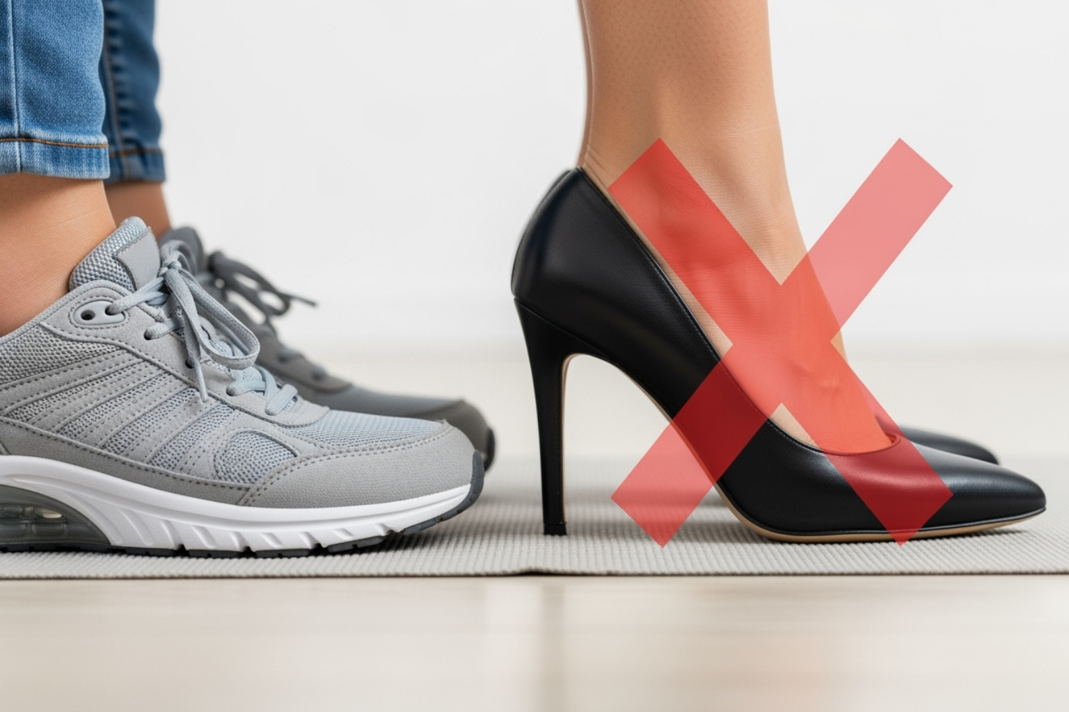 person's feet in supportive sneakers next to a pair of high heels with a red 'X' over them - foot remedies for sore feet