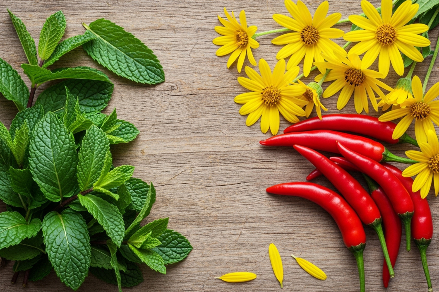 Various ingredients for muscle rub creams including mint leaves for menthol, red chili peppers for capsaicin, and arnica flowers for arnica montana - Muscle rub cream