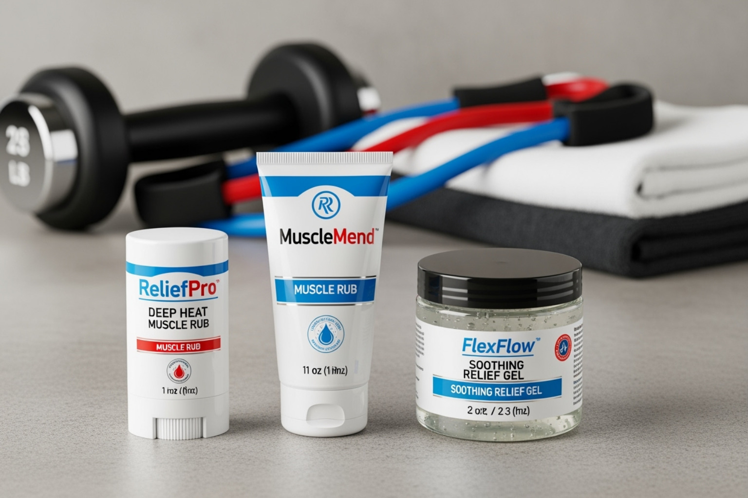 Flat lay of various muscle rub products, including a stick, a tube of cream, and a jar of gel, with athletic gear in the background - Muscle rub cream