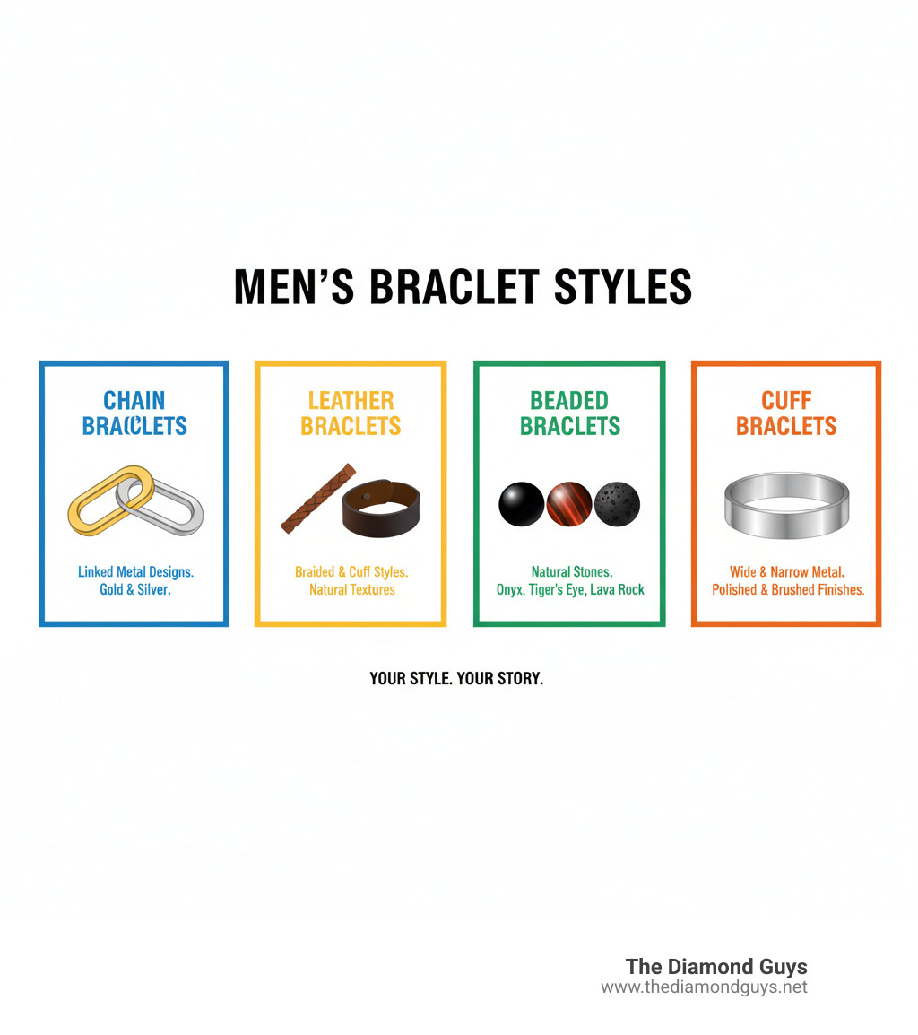 Infographic showing the four main types of men's bracelets: Chain bracelets featuring linked metal designs in gold and silver; Leather bracelets displaying braided and cuff styles with natural textures; Beaded bracelets showcasing natural stones like onyx, tiger's eye, and lava rock; and Cuff bracelets highlighting wide and narrow metal bands with polished and brushed finishes - bracelets for men infographic 