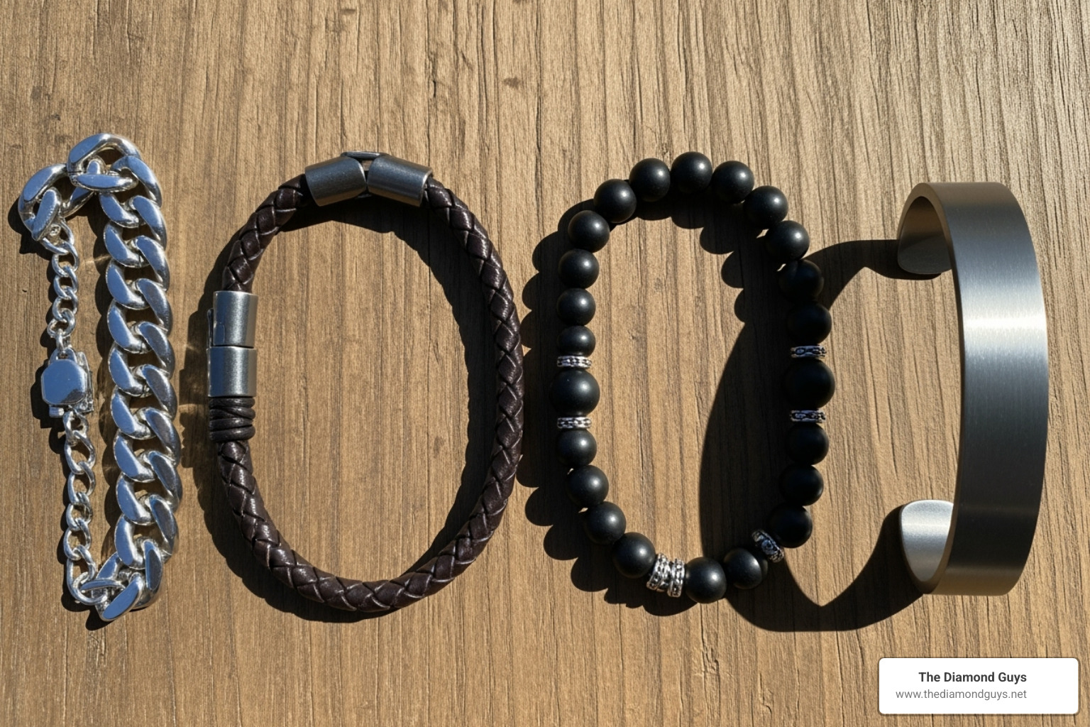 image of four different bracelets (chain, leather, beaded, cuff) laid out on a wooden surface - bracelets for men