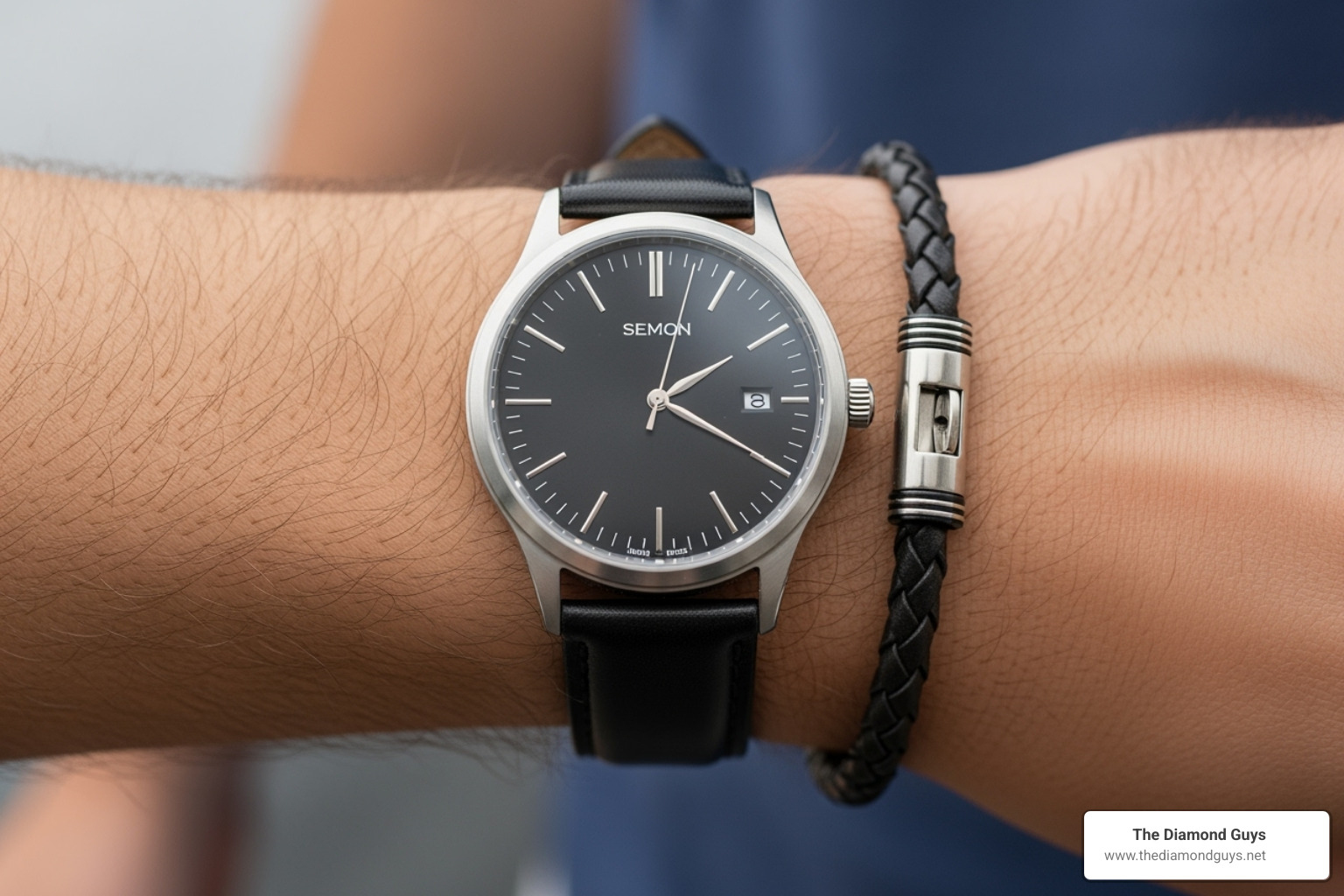 man's wrist showing a watch on one and a complementary bracelet on the other - bracelets for men
