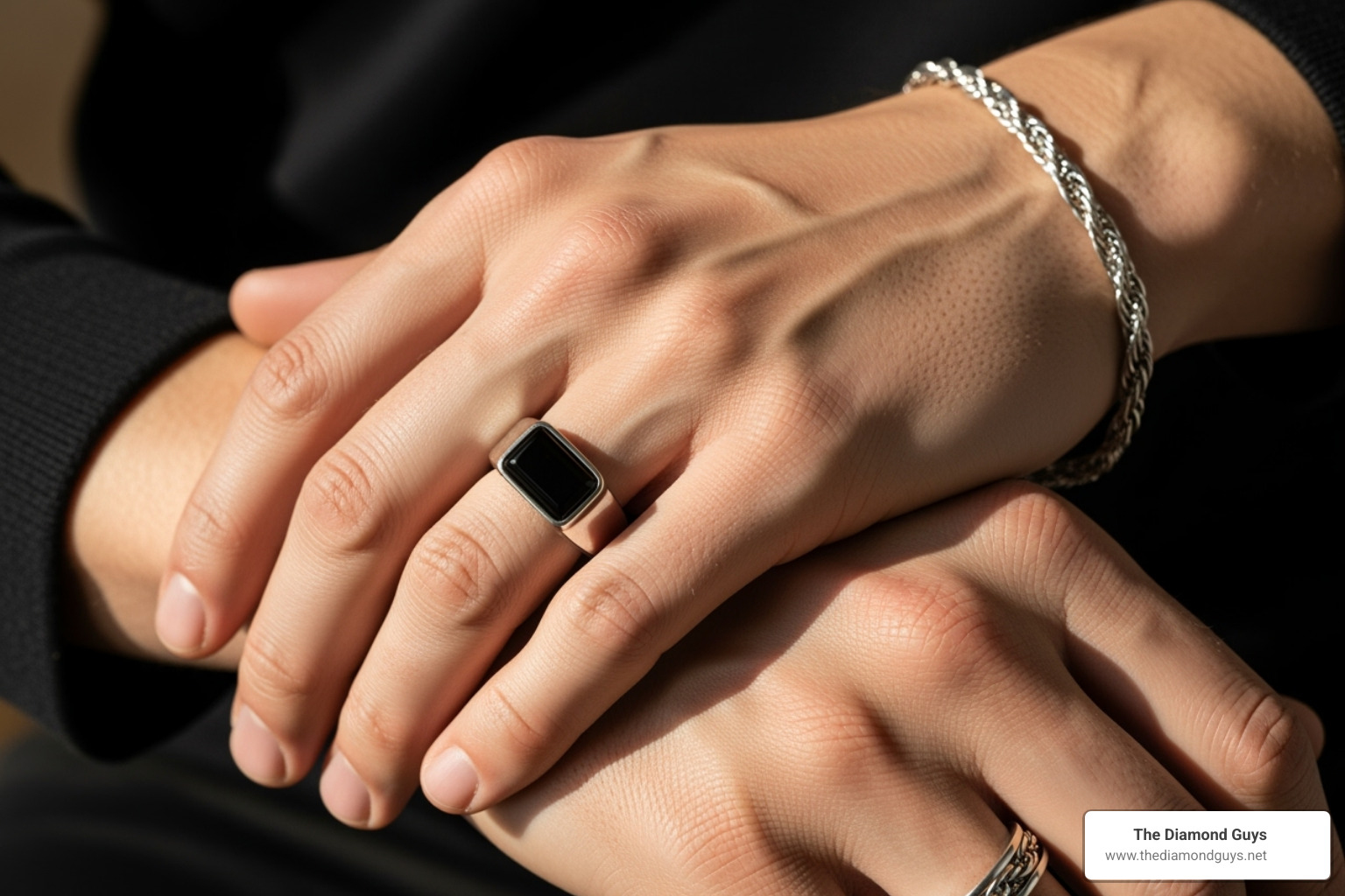 close-up on a man's hands, one with a stylish ring and the other with a sophisticated chain bracelet - bracelets for men