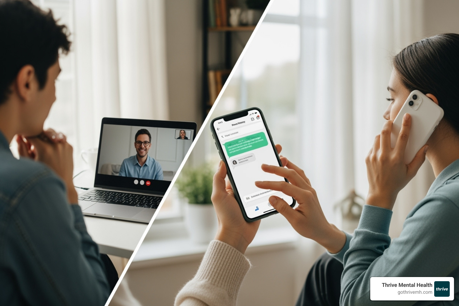 Illustration of various online therapy connection methods including video calls, text chat, and phone calls, representing accessibility and convenience - Online therapy for stress Illustration of various online therapy connection methods including video calls, text chat, and phone calls, representing accessibility and convenience - Online therapy for stress