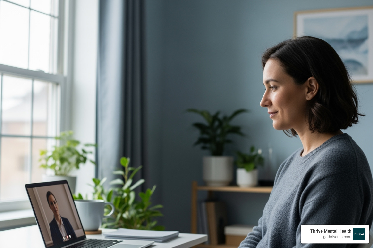 person in virtual therapy session - outpatient program for adults