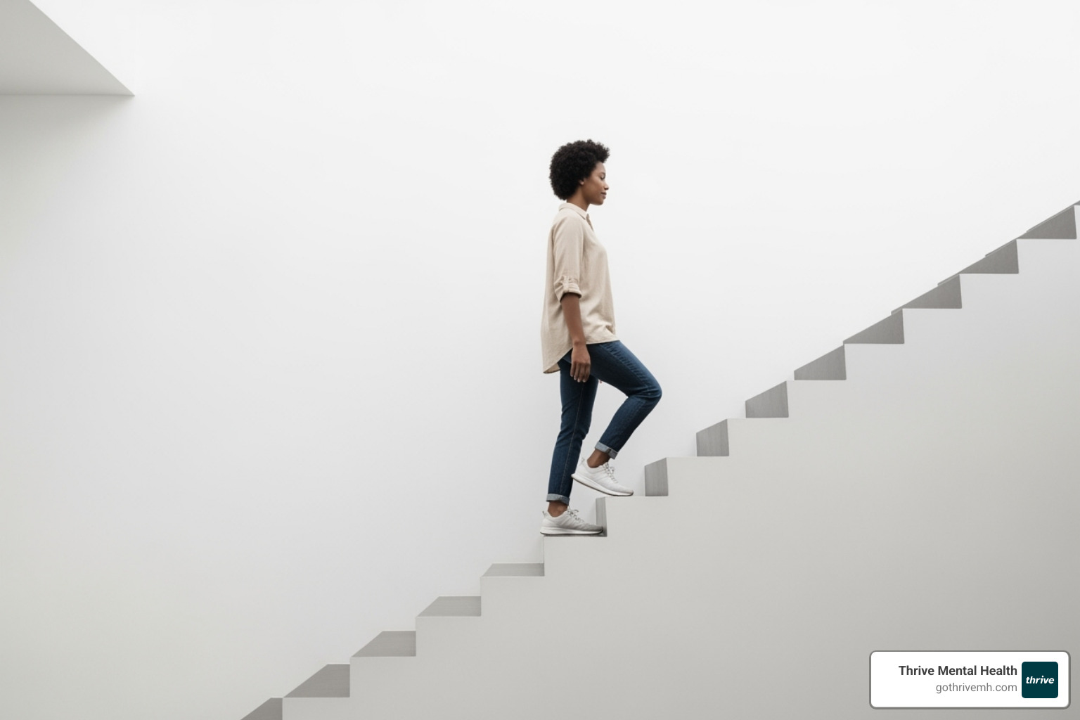 illustration of four progressive stages of DBT with a person ascending stairs, each step labeled with a stage and its focus - what is dialectical behavior therapy dbt