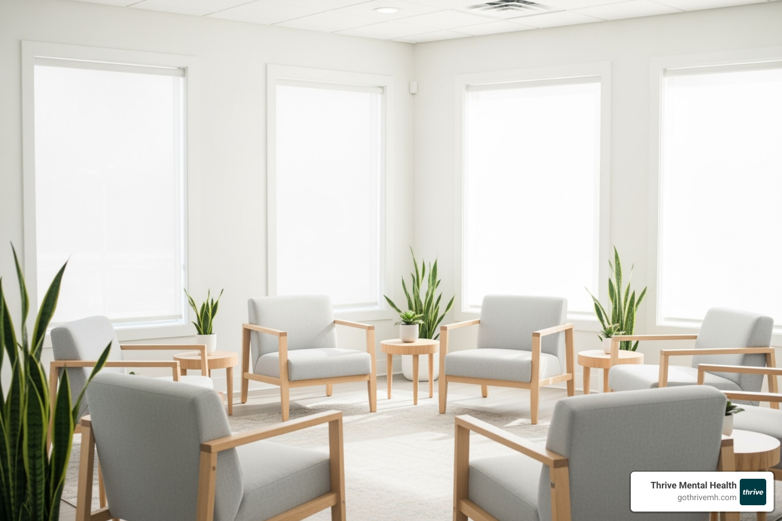 a serene and minimalist therapy room with natural light and comfortable seating, promoting a sense of calm and focus - evidence-based group therapy