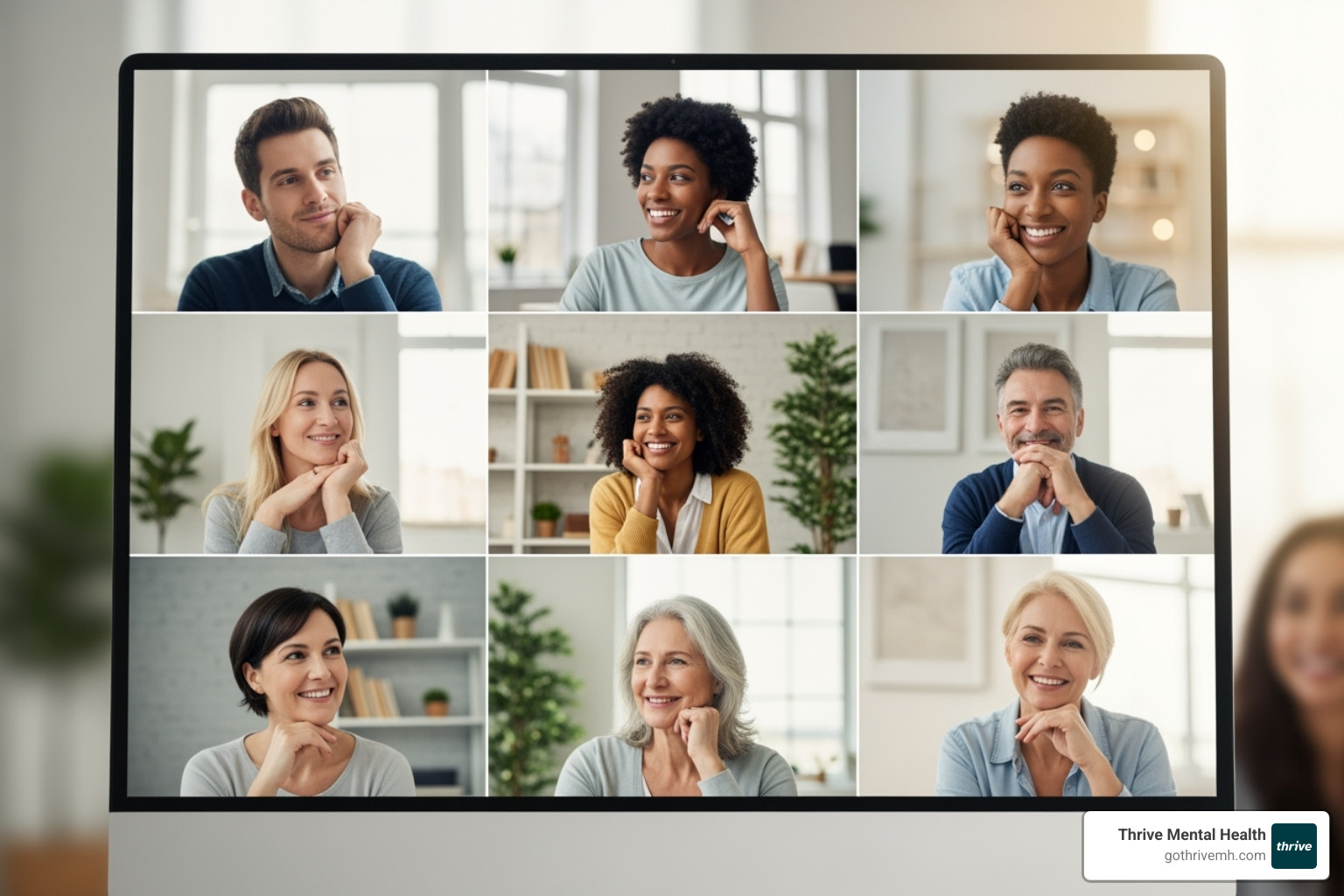 diverse individuals finding support in a virtual group session - evidence-based group therapy