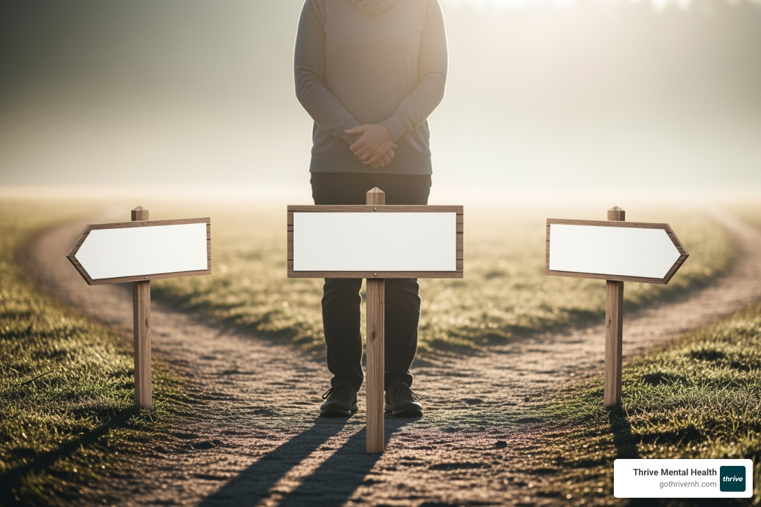 person at a crossroads with signs for EMDR, CBT, and Medication - emdr panic attacks person at a crossroads with signs for EMDR, CBT, and Medication - emdr panic attacks