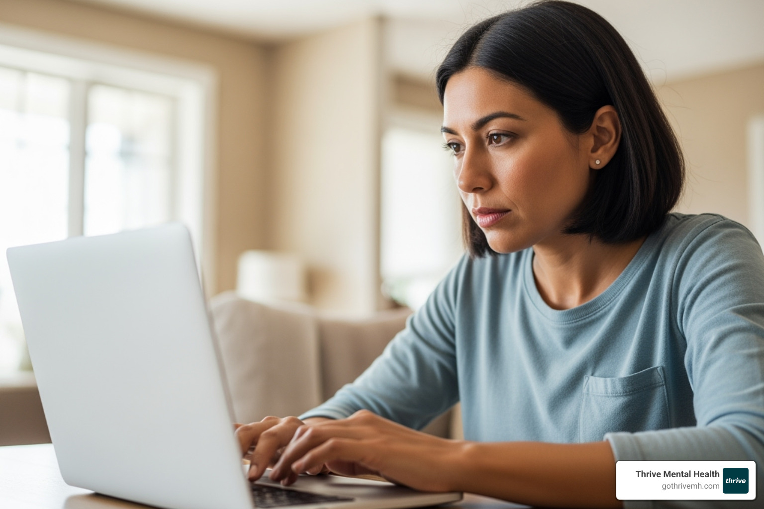 Parent searching for therapists online on a laptop, with a blurred background of a living room - family therapy for teens Parent searching for therapists online on a laptop, with a blurred background of a living room - family therapy for teens