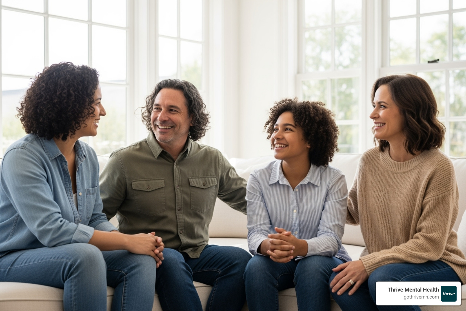 Happy diverse family smiling and talking openly in a sunlit room - family therapy for teens Happy diverse family smiling and talking openly in a sunlit room - family therapy for teens