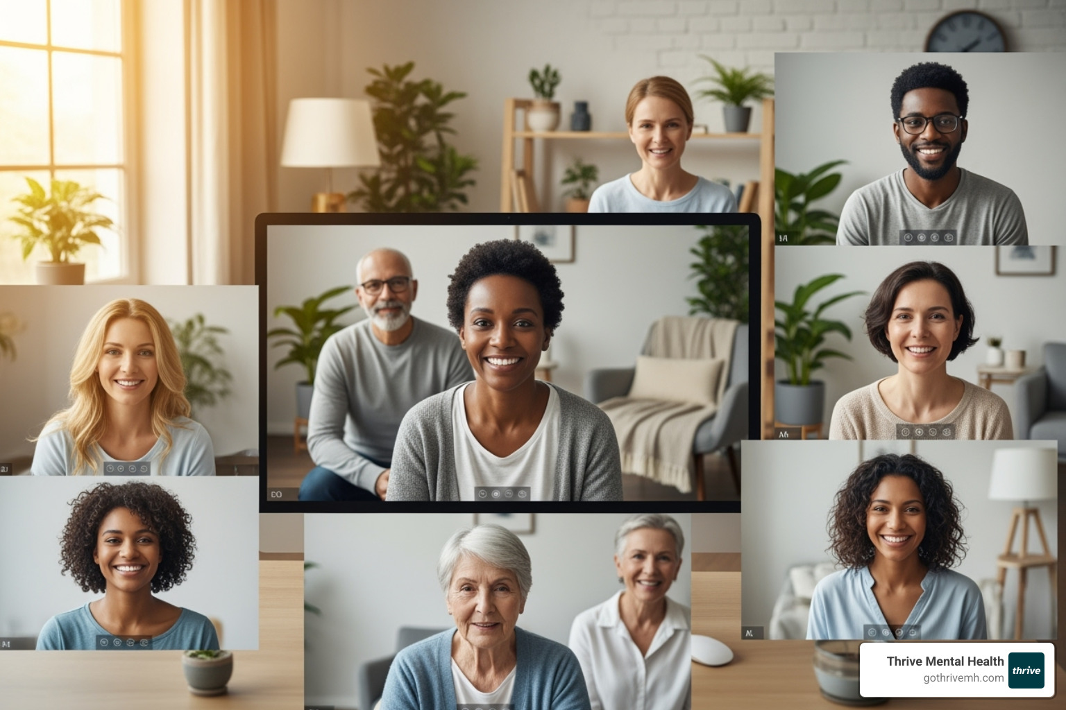 Diverse group of people, all ages, in a virtual group session - online iop programs