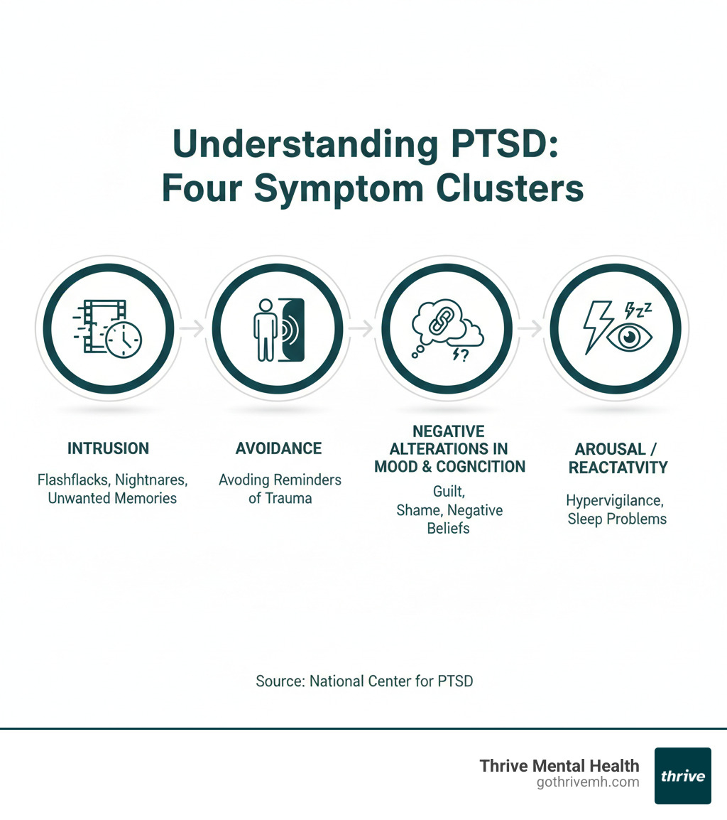 Infographic showing PTSD's four symptom clusters: Intrusion (flashbacks, nightmares, unwanted memories), Avoidance (avoiding reminders of trauma), Negative Alterations in Mood and Cognition (guilt, shame, negative beliefs), and Arousal/Reactivity (hypervigilance, irritability, sleep problems) - post traumatic stress disorder infographic Infographic showing PTSD's four symptom clusters: Intrusion (flashbacks, nightmares, unwanted memories), Avoidance (avoiding reminders of trauma), Negative Alterations in Mood and Cognition (guilt, shame, negative beliefs), and Arousal/Reactivity (hypervigilance, irritability, sleep problems) - post traumatic stress disorder infographic