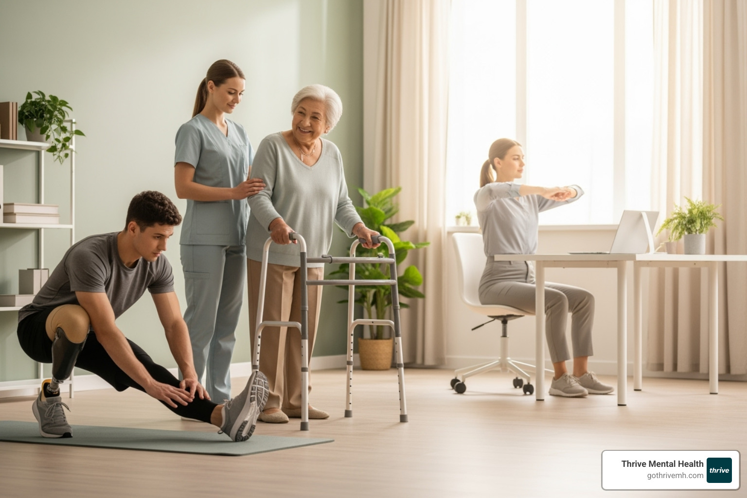 Diverse group of people benefiting from physiotherapy: an athlete stretching, an older adult using a walker with assistance, and an office worker performing ergonomic exercises at their desk. Natural lighting, warm tones. - physiotherapy