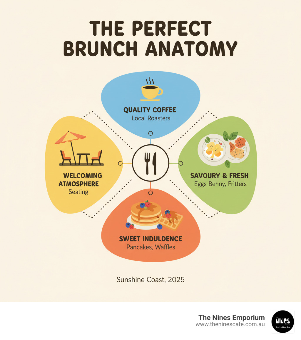 Infographic showing the anatomy of a perfect brunch: quality coffee from local roasters, a balance of savoury classics like eggs benedict and fresh options like corn fritters, sweet treats like pancakes and waffles, and a welcoming atmosphere with indoor and outdoor seating - best brunch on the Sunshine Coast infographic 