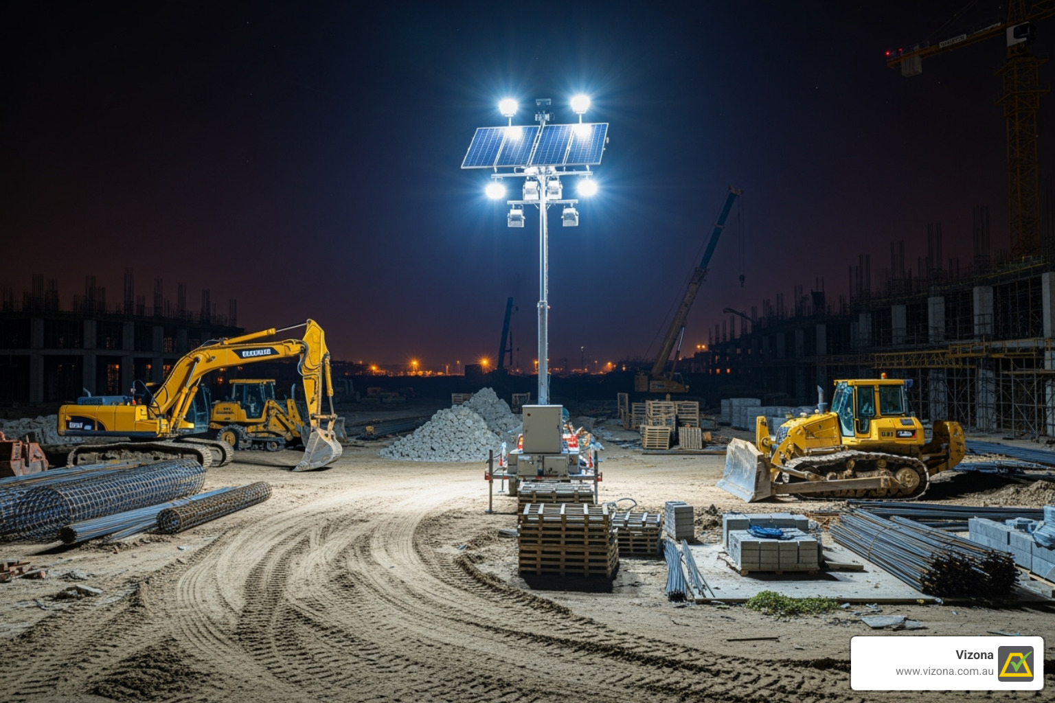 Commander Solar Lighting Tower illuminating a construction site at night - solar lights