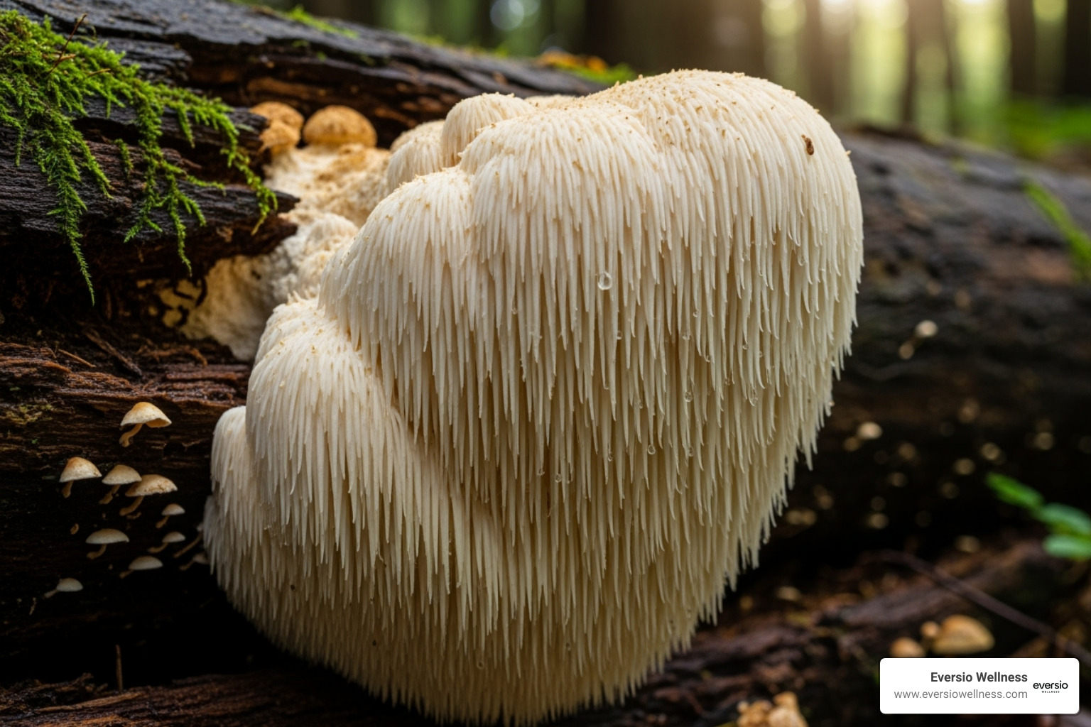 Fresh, wild Lion's Mane mushroom (Hericium erinaceus) growing on a mossy log in a natural forest setting, one of the best brain boosting mushrooms.