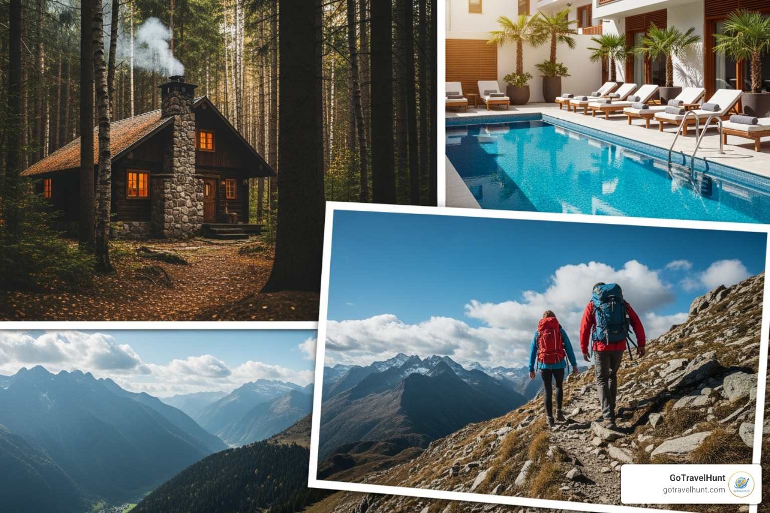 collage of different types of getaways: a cabin, a boutique hotel pool, and a mountain hike - Weekend Vacations for Couples collage of different types of getaways: a cabin, a boutique hotel pool, and a mountain hike - Weekend Vacations for Couples