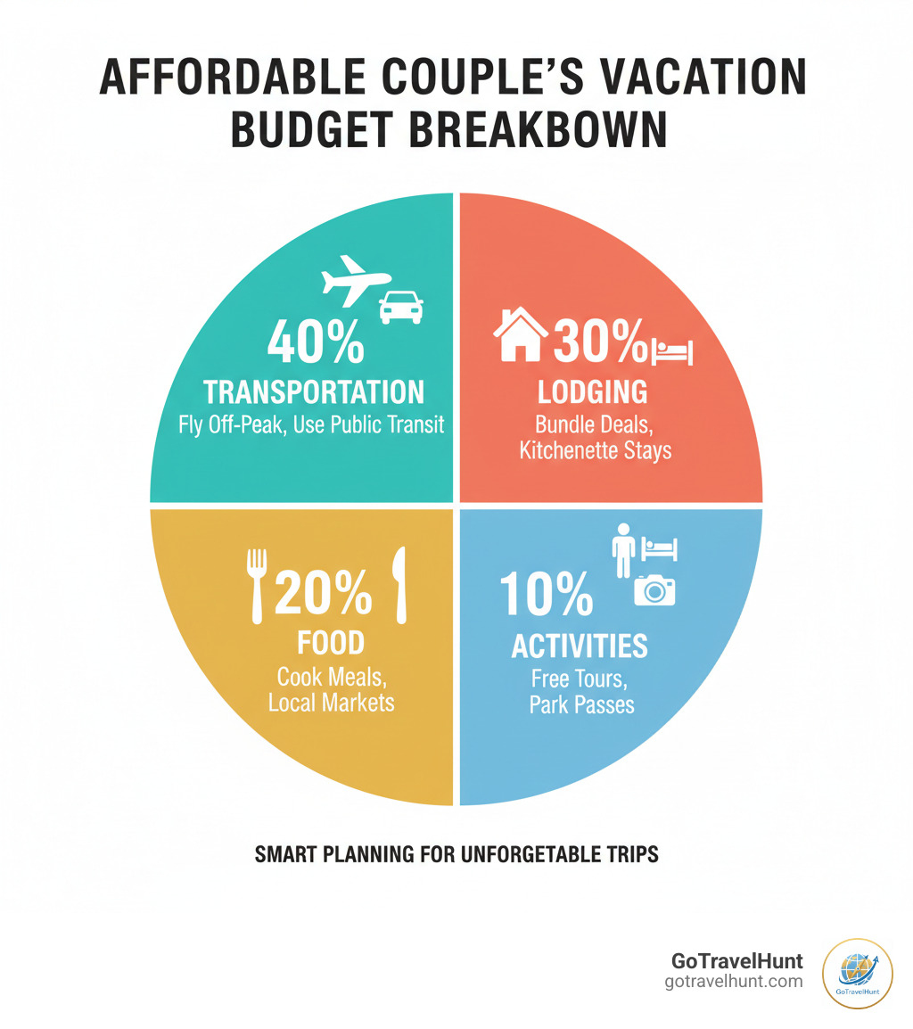 infographic showing budget vacation components: 40% transportation, 30% lodging, 20% food, 10% activities, with tips for saving on each category - Affordable Vacations for Couples infographic  infographic showing budget vacation components: 40% transportation, 30% lodging, 20% food, 10% activities, with tips for saving on each category - Affordable Vacations for Couples infographic