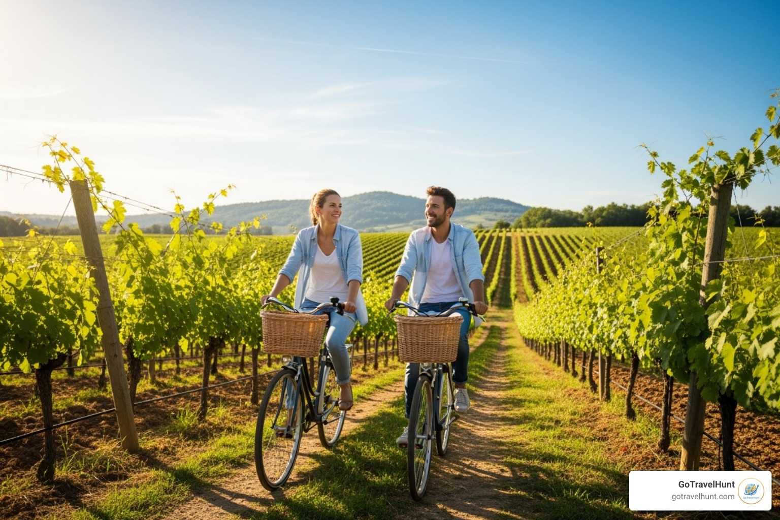 A couple cycling past a vineyard in Niagara-on-the-Lake, enjoying the scenery. - weekend getaways for couples near me A couple cycling past a vineyard in Niagara-on-the-Lake, enjoying the scenery. - weekend getaways for couples near me