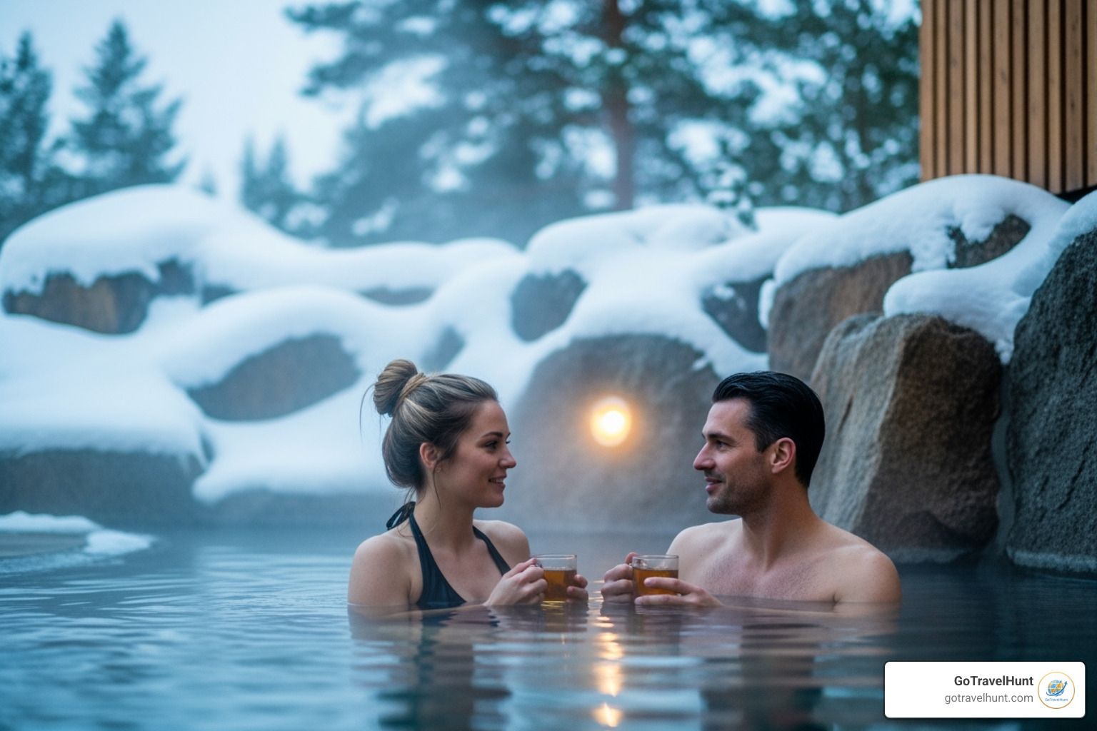 A couple relaxing in a Nordic spa, enjoying the warm water and serene atmosphere. - weekend getaways for couples near me A couple relaxing in a Nordic spa, enjoying the warm water and serene atmosphere. - weekend getaways for couples near me