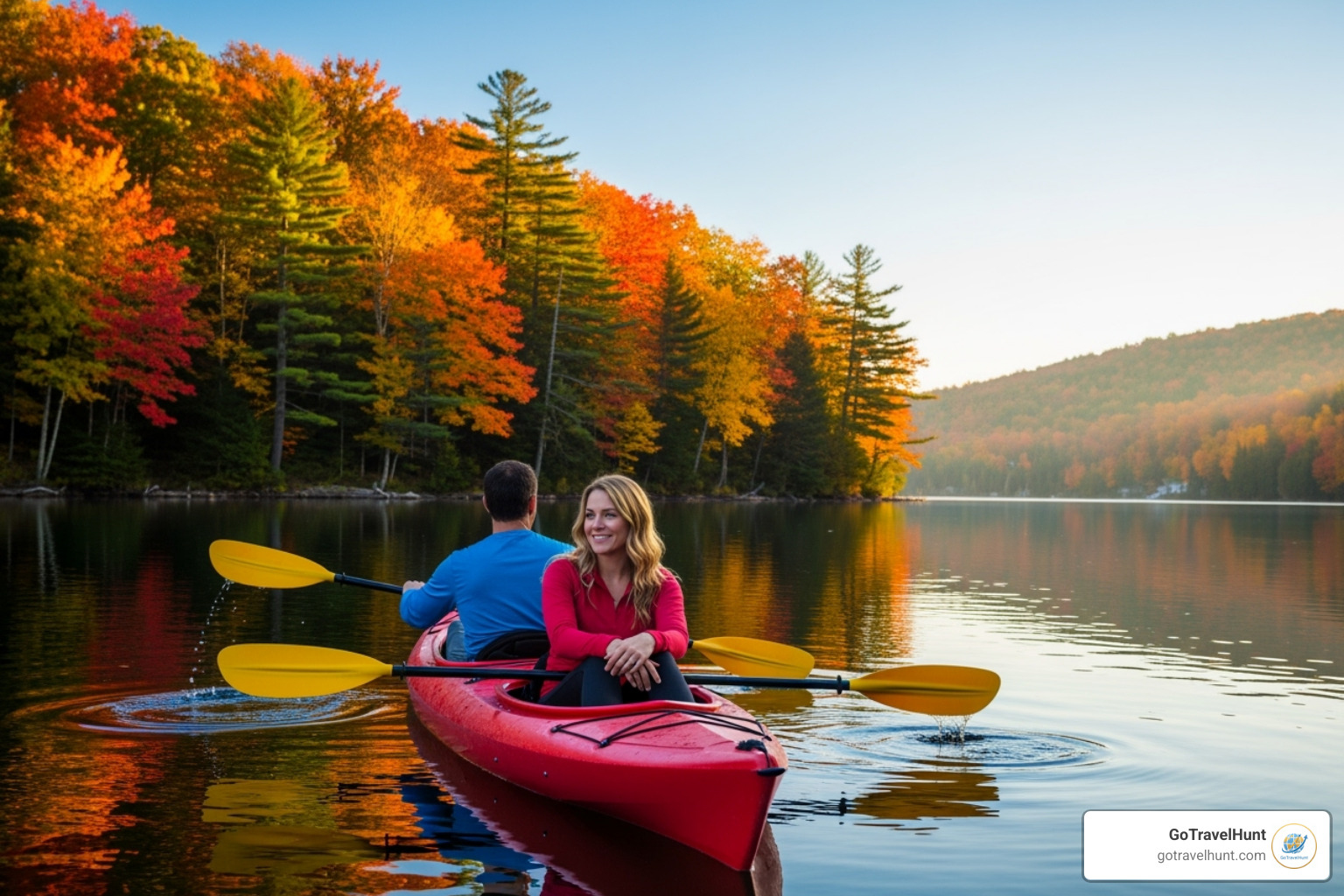 A couple kayaking on a calm lake in Muskoka, surrounded by autumn foliage. - weekend getaways for couples near me A couple kayaking on a calm lake in Muskoka, surrounded by autumn foliage. - weekend getaways for couples near me