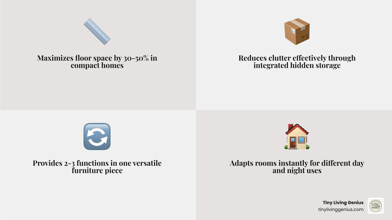 Infographic showing the key benefits of space saving furniture: maximizes floor space by 30-50%, reduces clutter through hidden storage, provides 2-3 functions in one piece, adapts rooms for day and night use, creates organized zones in open plans, and saves money by replacing multiple furniture items - space saving furniture infographic 4_facts_emoji_grey