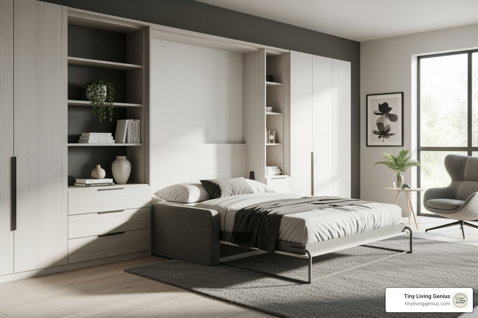 bedroom with wall bed folded up - space saving furniture
