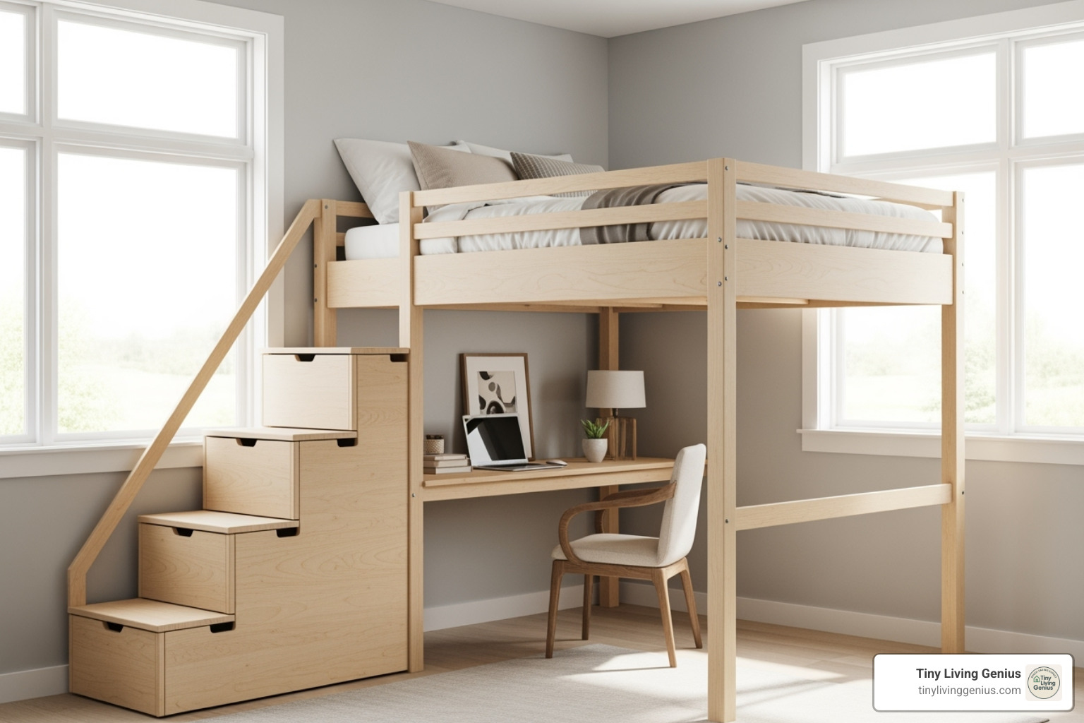custom-built loft bed with storage stairs - space saving furniture