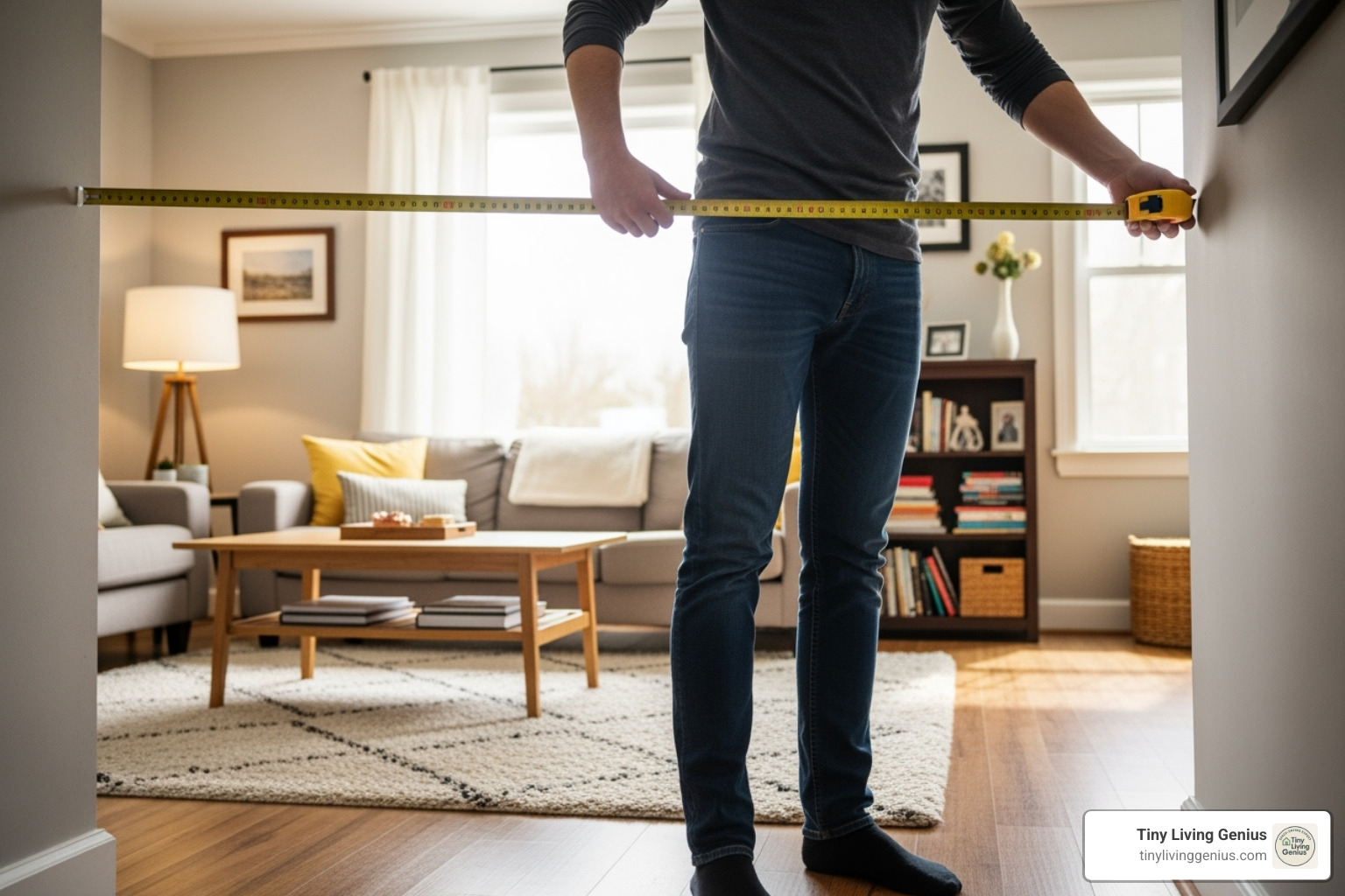 a person using a tape measure in a living room space - small couches