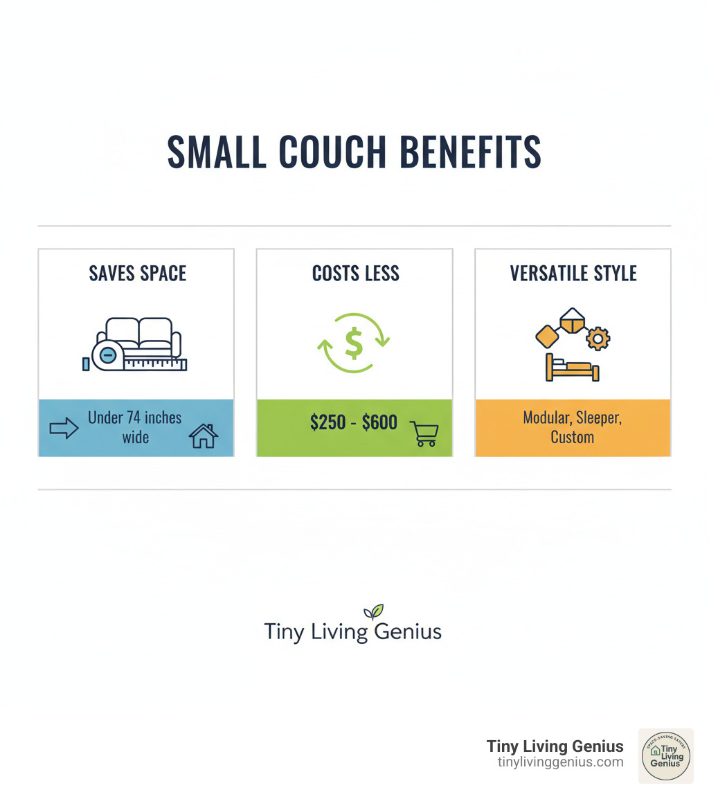 infographic showing the three main benefits of small couches: they save space by fitting in rooms under 74 inches wide, they cost less than full-size sofas with quality options between 250 and 600 dollars, and they offer versatile styling through modular designs, sleeper functions, and customizable configurations - small couches infographic 
