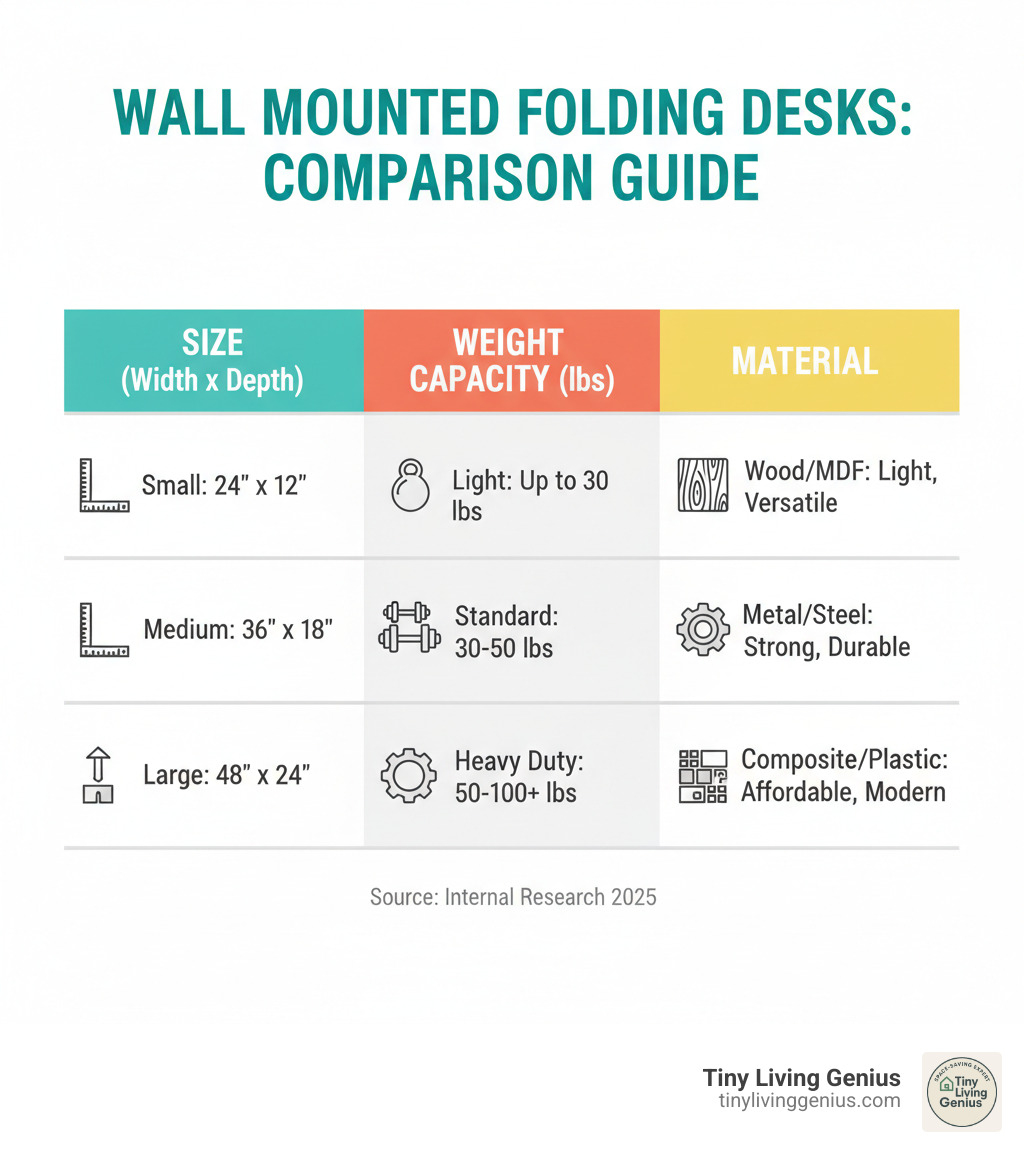 comparison table of desk size, weight capacity, and material - Wall Mounted Folding Desks infographic 