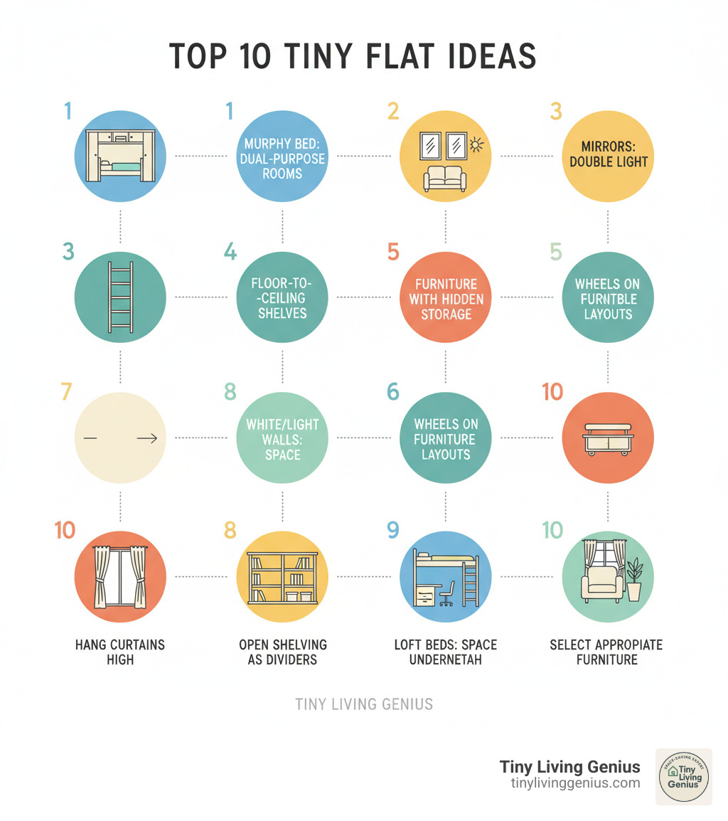 Infographic showing the top 10 tiny flat ideas: 1. Install Murphy bed for dual-purpose rooms, 2. Use mirrors opposite windows to double light, 3. Mount shelves floor-to-ceiling for vertical storage, 4. Choose furniture with hidden storage compartments, 5. Paint walls white or light colors to expand space visually, 6. Add wheels to furniture for flexible layouts, 7. Use open shelving as see-through room dividers, 8. Loft beds to create space underneath, 9. Hang curtains high to elongate walls, 10. Select appropriately-sized furniture to avoid clutter - tiny flat ideas infographic 