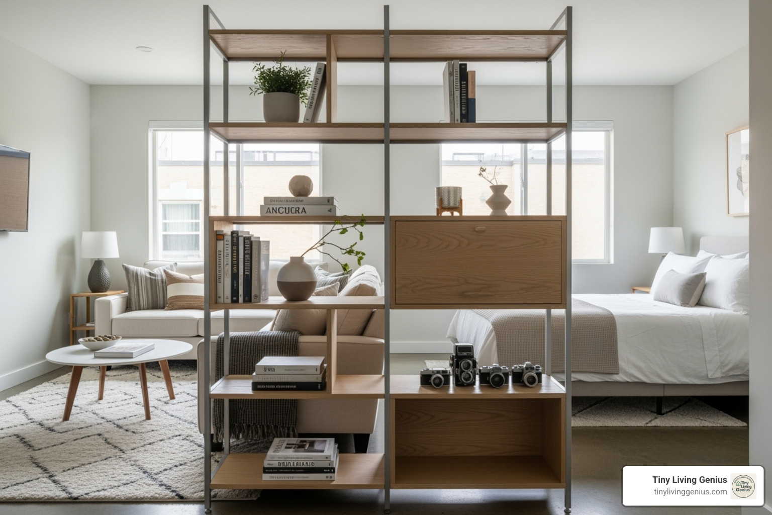 open-backed bookshelf used as a room divider - tiny flat ideas