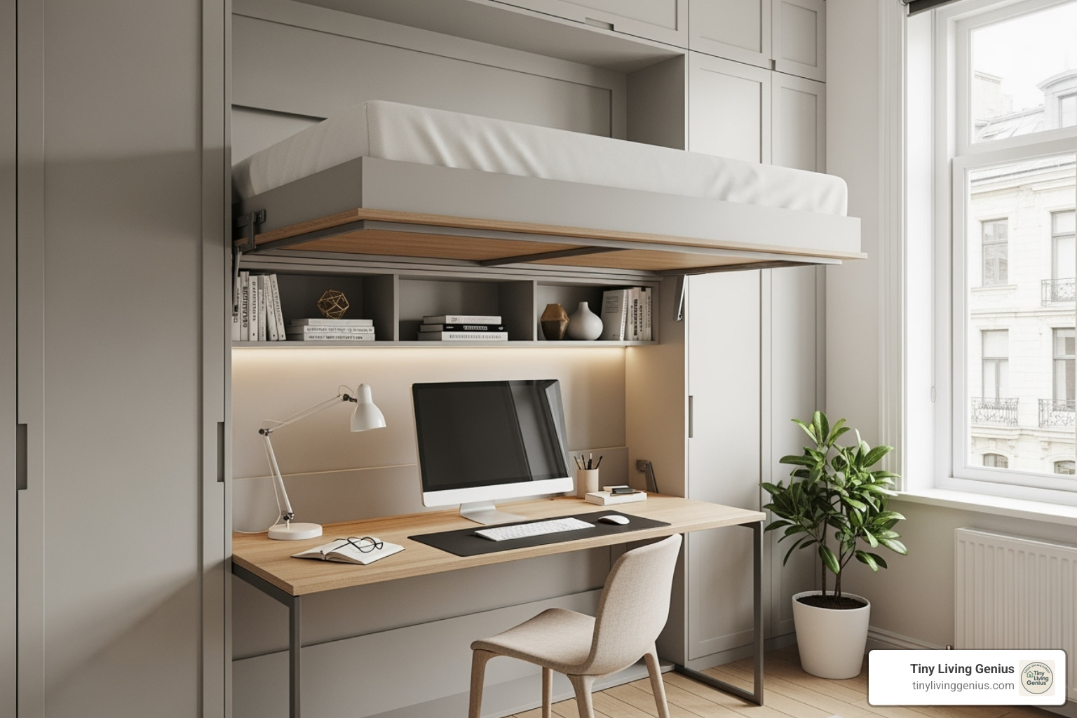 Murphy bed folded up to reveal a desk area - tiny flat ideas